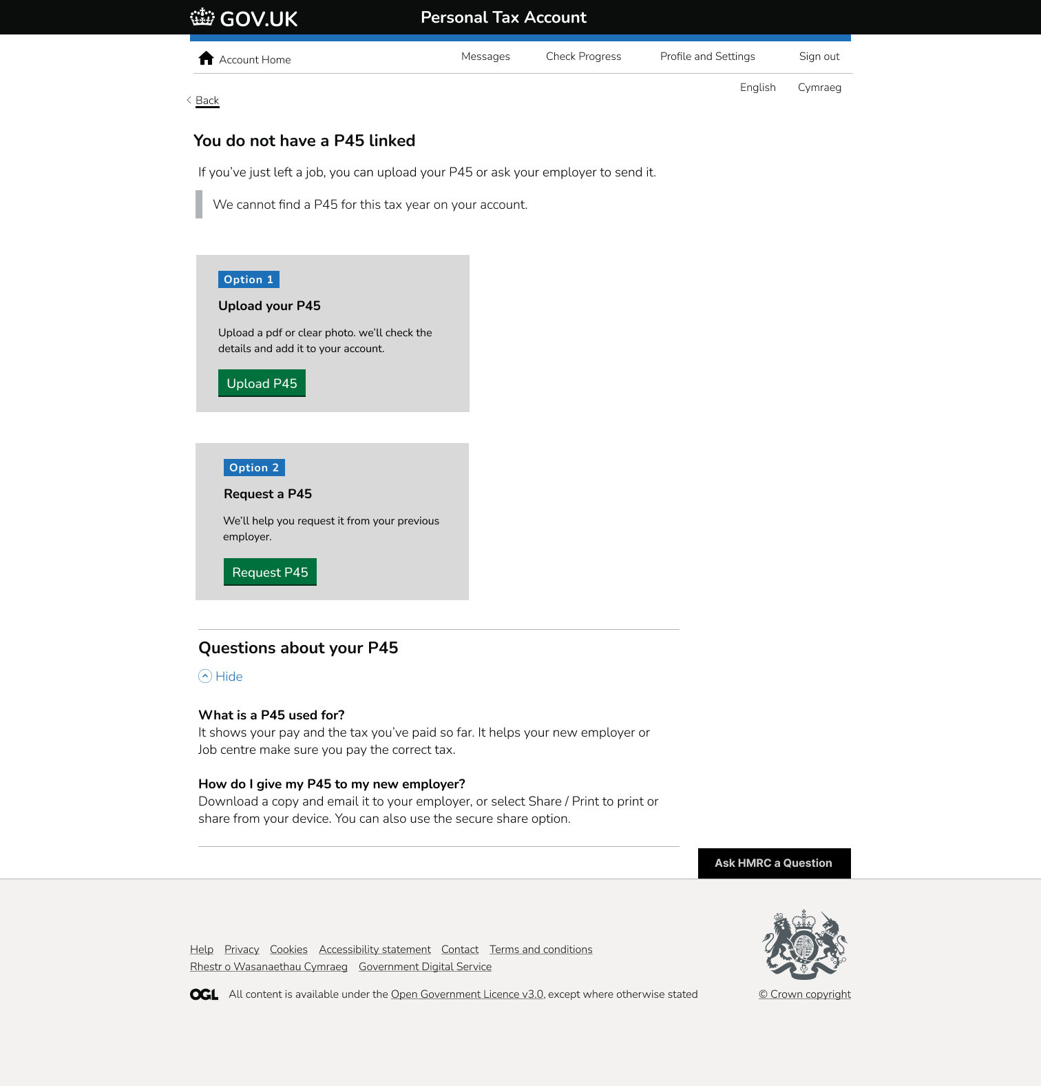 Options screen for users without a P45